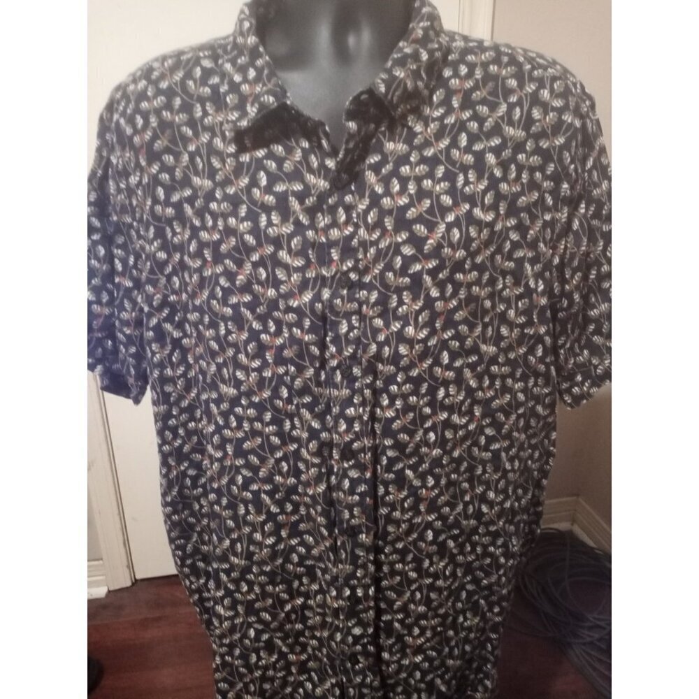 Perry Ellis Shirt Mens 3X Blue 100% Linen Floral Beach Summer Short Sleeve